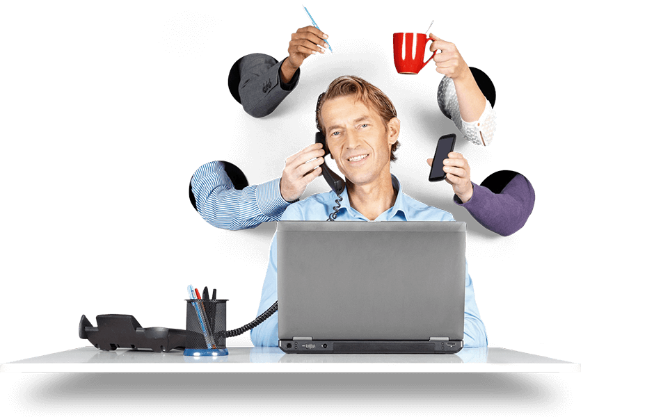 Man achter laptop met alle mogelijkheden