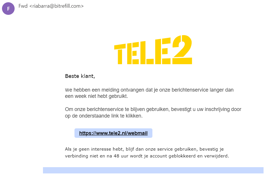 Phishingvoorbeeld Tele2 webmail